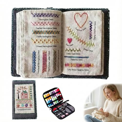Gulingqi Embroidery Stitch Book Kit for Beginners - DIY Practice Sampler Pages, 86 Pcs Starter Sewing Set with Magnifier & Thimble - Crafting Hobby Gift for Mum & Adults