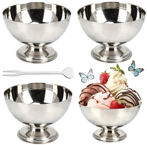 Ayolofei 4 isglass för glass på 200 ml, i rostfritt stål med gafflar, dessertskålar, dessertglas, dessertglas, glasskålar för frukt, sallader, yoghurt och fruktpudding