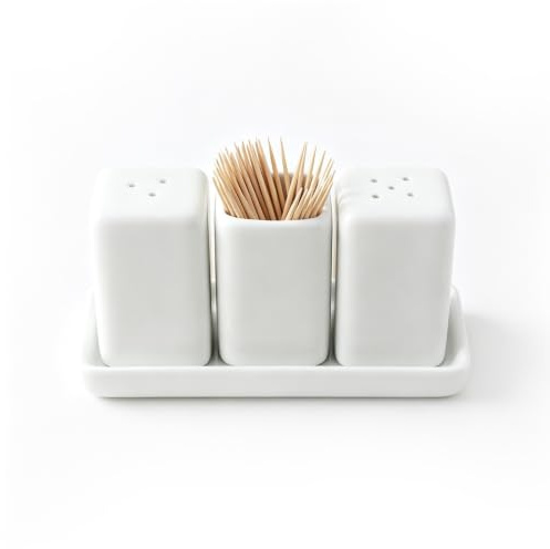 Keramiskt salt- och pepparströarset med bricka, kryddströare, kökstillbehör med tandpetarhållare, kryddbehållare med tandpetardispenser för kök och matbord, påfyllningsbar, modern design (vit)