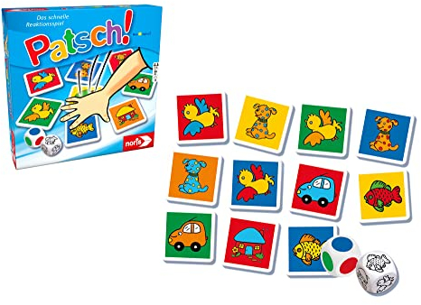 Noris 606013612 - Patsch - das schnelle Reaktionsspiel mit 25 Bildkärtchen und einem Würfel, ab 4 Jahren