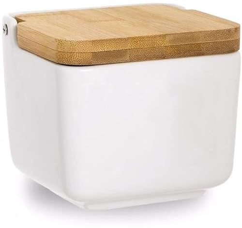 Dream Hogar Salero Cocina Original con Tapa Bambu Ceramica Blanco 12x12x11 cm