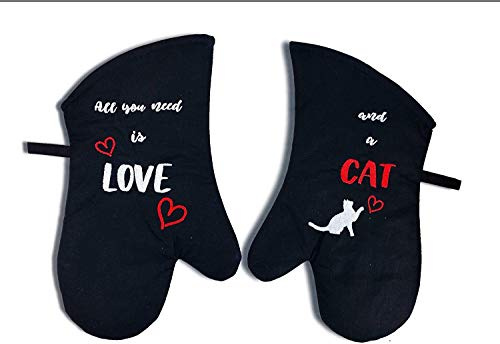 Pet-Jos 1 paire de gants de cuisine longs en coton noir résistant à la chaleur pour pâtisserie, barbecue - Citation de chat - 1 paire de gants de cuisine résistants à la chaleur