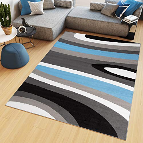 TAPISO Maya Teppich Kurzflor Modern Streifen Gestreift Design Grau Schwarz Weiß Blau Wohnzimmer Schlafzimmer Büro ÖKOTEX 200 x 300 cm