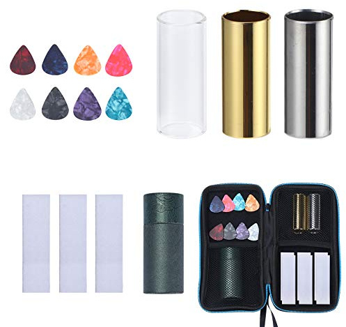 Craymin Guitar Slide Instrument with Glass and Metal Slides, 8 Picks, 3 Adhesive Wraps, All in One Case for Guitar, Bass Strings