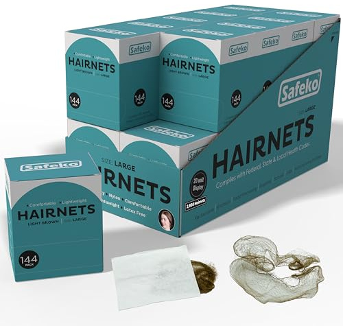 SAFEKO Hair Nets 144 PCS, Individually Wrapped, Lightweight Nylon Hairnets, Latex-Free | Light Brown, Large (24)