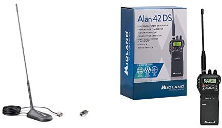 Midland Alan 42 DS e Antenna MC45, CB Radio Senza Licenza, Ricetrasmittente Portatile AM/FM Multi Banda per EU, Ricetrasmettitore con Presa Accessori 2 Pin e Antenna Magnetica, Squelch Digitale