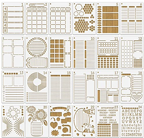 MWOOT 24 Pcs Assorted Drawing Journaling Stencils Set,Mixed Shapes Scale Painting Templates for DIY Albums Schedule Wall Art Decor,Reusable Plastic Paint Template for Diary Card Making(17.8x12.7CM)