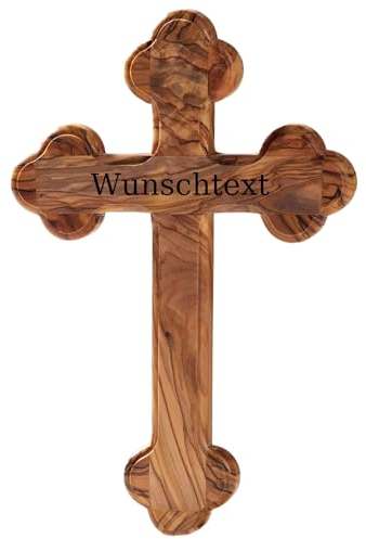 Kassis Geschenkartikel Olivenholz Kreuz Kruzifix Wandkreuz schlicht mit runden Kanten zum Aufhängen aus Bethlehem zur Firmung, Taufe, Kommunion (Wunschtext, 18 cm)