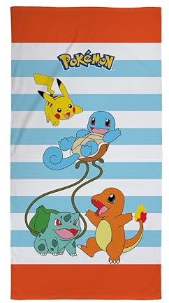 Character World Serviette Officielle Pokémon pour Enfants | Toucher Super Doux, Design Amusant avec Pikachu Squirtle Charmander | Parfait pour la Maison, Le Bain, la Plage et la Piscine | Taille