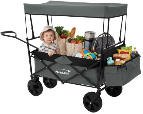 Hauki Carro de Mano Plegable con Toldo para la Playa, Gris, Transporte de hasta 80 kg para Niños o de Equipamiento Incl. 2 Bolsillos de Malla y 1 Bolsa Exterior, Remolque con Freno en Rueda Delantera