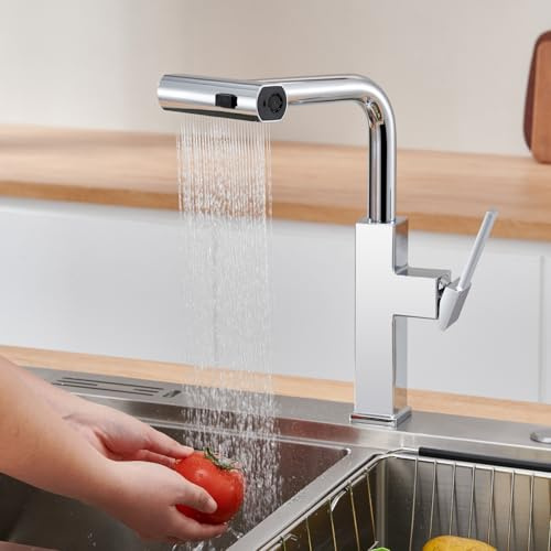 BuntHaus Küchenarmatur mit brause ausziehbar mit 3 Strahlarten, Wasserhahn Küche Ausziehbar 360° Drehbar Edelstahl Gebürstet, Einhebel Mischbatterie Küche-Auslauf Höhe 265mm (Silber)