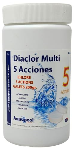 Chlore Multi Actions Piscine - Traitement Tout-en-Un 5 Actions/Galets de Chlore stabilisé : Désinfectant, Algicide, Stabilisant, Clarifiant, Floculant - Produit Multifonction Eau Piscine (1KG)