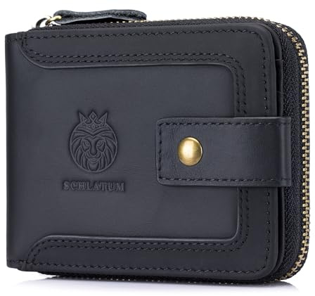 SCHLATUM Genuine Leather Zipper Wallet for Men RFID Blocking Large Capacity Classic Wallet with Coin Pocket ID Window, Black