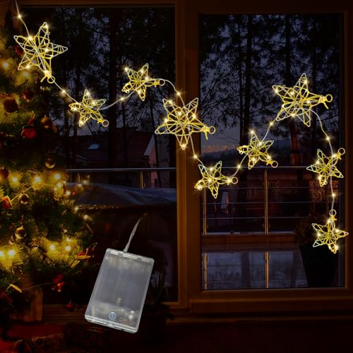 Cadena de luces LED con 9 estrellas, iluminación navideña para ventana, cortina de luces para interiores, decoración navideña para ventanas, bodas, balcones, dormitorios (A)