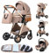 GLOKID Kinderwagen 3 in 1,Reisesysteme, Babywanne,Buggy&Sportsitz,Tragbarer,Voll-Gummireifen,Mit Einem Klick Zusammenklappbarer,Zubehör (LV9 Khaki)