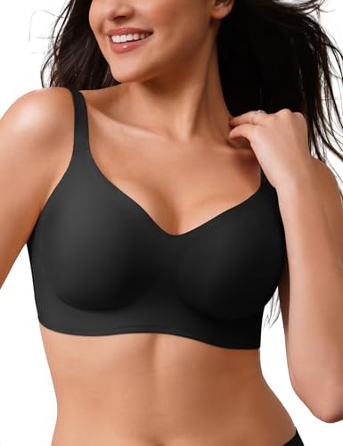 CLOSEMATE Sujetadores Mujer sin Aros sin Costuras Cómodo con Soporte Push Up Cuello en V Suave Sostenes Cobertura Completa Tipo Camiseta Básico Diario Negro L
