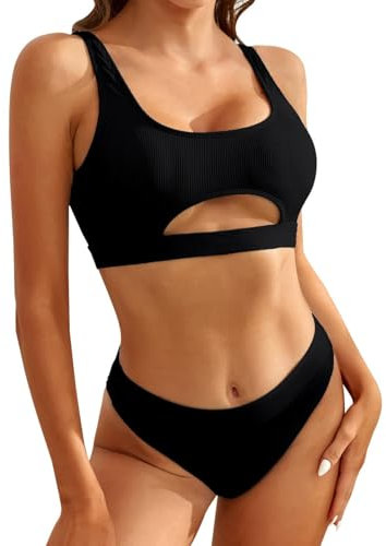 RPAEOY Bikini Damen Set Gerippter Ausschnitt Bikiniset Zweiteilig Cutout Badebekleidung Push up Badeanzug Triangle Sportlich Highwaist Tankini Swimwear Swimsuit
