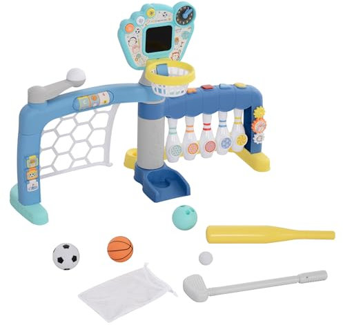 AIYAPLAY 5-i-1 sportlekset för barn 18-48 månader, multiaktiviteter med fotboll, basket, golf, baseboll, bowling - integrerat fotbollsmål, anslagstavla, ljus och ljud