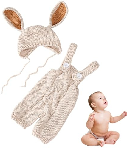 Misaakoeq Abiti fotografici per bambini con coniglio, costumi fotografici per bambini in maglia | Costume da coniglietto per servizio fotografico con cappello - Costume cosplay per animali,