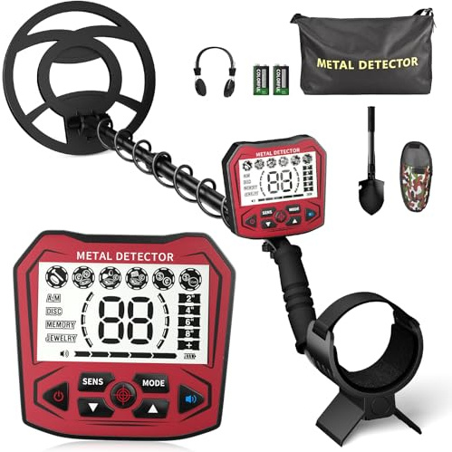Detector de Metales Profesional para Adultos y niños, Chip antiinterferencias, Resistente al Agua IP68, soporta batería y alimentación USB, 5 Modos de detección (Rojo)