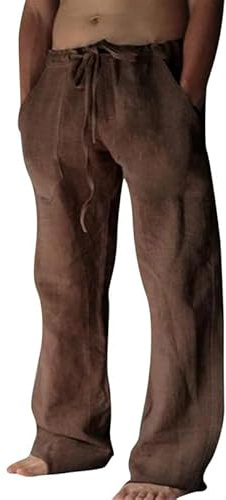 Litthing Mens Linen Trousers Casual Summer Cotton Pants with Drawstring | Loose Fit, Elastic Waist, Comfortable Lightweight, Breathable, Jogging Bottoms, with Pockets, Baggy, Wide, for Beach Daily