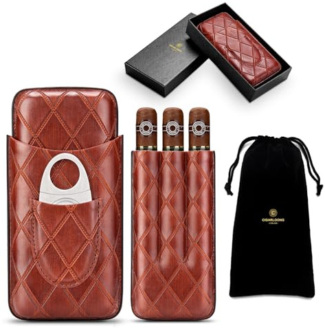 CLZOONG Portasigari in pelle da viaggio Humidor per 3 tubi, custodia per sigari da viaggio, contenitore portatile per sigari con tagliacari in acciaio inox, sacchetto di velluto e scatola regalo per