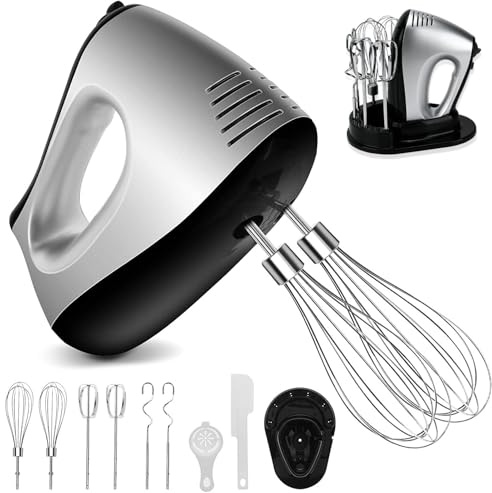 NWOUIIAY Handmixer Elektrisch 500W mit 5 Geschwindigkeiten & Turbinenfunktion Inkl. 2 Quirlen, 2 Knethaken, 2 Schneebesen, Eiertrenner, Spatel und Standhalter