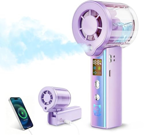 Carehabi Ventilatore Portatile con Nebulizzatore, Mini Ventilatore USB Ricaricabile 3000mAh, Display LED, 1-100 Velocità 16000 RPM, Pieghevole 115 Gradi con Cordino da Collo per Viaggio Ufficio