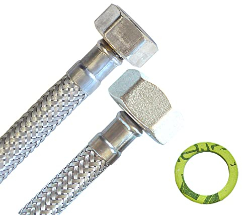 H2O-Flex Panzerschlauch DN8 1/2ÜM x 3/4ÜM für Trink- oder Nutzwasser, Silber, 10 bar, 0.22 kg, 1 Stück, Made in Germany, PE (inner), Edelstahl 1.4301 (outer), Wasserleitungsschlauch, Rohr, Tubing