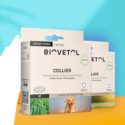 Biovetol - Collier Anti puces pour Chien Naturels d'origine Végétale- Protection 3 Mois- Réglables et Imperméables pour Moyens et Grands Chiens (+15kg) - 75cm
