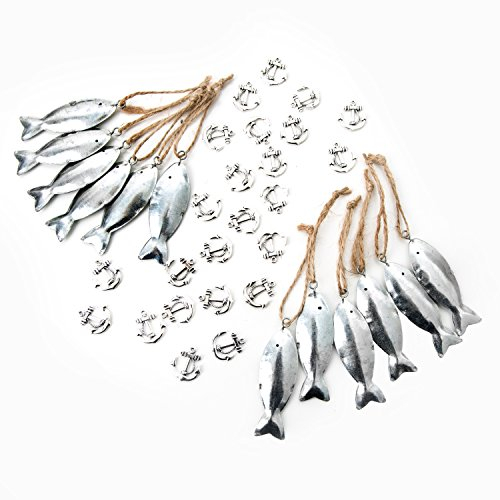 Logbuch-Verlag Set 36 ciondoli Forma di Pesce Ancore Color Argento Corda spago Decorazione Marittima Bagno Festa Battesimo Pesci