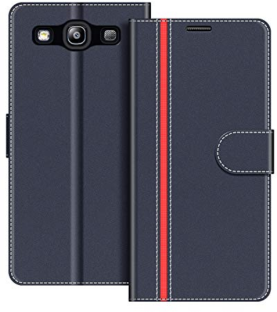 COODIO Handyhülle für Samsung Galaxy S3, Klapphülle aus Kunstleder mit Magnetverschluss, Kartenschlitz, Standfunktion, Dunkel Blau/Rot