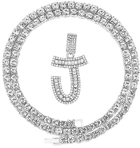 FW Jewelry HH BLING Silver Iced Out Baguette Initial Letter Necklaces for Men Women, Big Cz Diamond Capital Letter Pendant J with Tennis Chains (Silver J & Tennis)