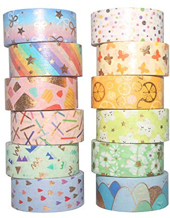 YUBBAEX Washi Tape Set cinta adhesiva decorativa Washi Glitter Adhesivo de Cinta Decorativa para DIY Crafts Scrapbooking (Lámina de oro 15MM de ancho 12 Rollo)