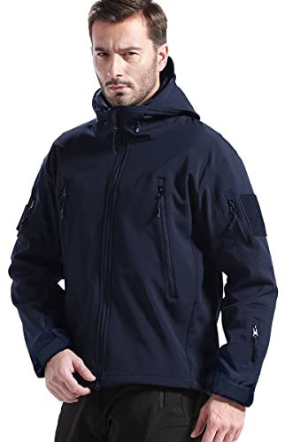FREE SOLDIER Chaquetas Invierno para Hombre Cazadoras Militar Softshell Ropa de Trabajo Impermeable con Forro Polar para Exteriores Chaquetas de Caza Multibolsillos con Capucha (Azul Marino,XXL)