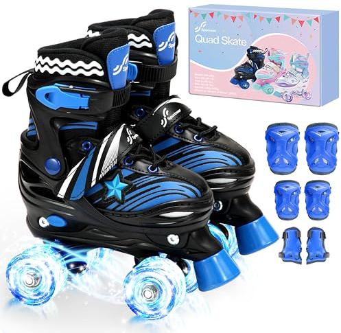 Sportneer Adjustable Kids Roller Skates with Light Up Wheels, 4 Sizes Fit for Girls Boys Ages 5–12, Fun Outdoor Indoor Quad Skates for Beginners, Safe Gift Set with Protective Gear Included