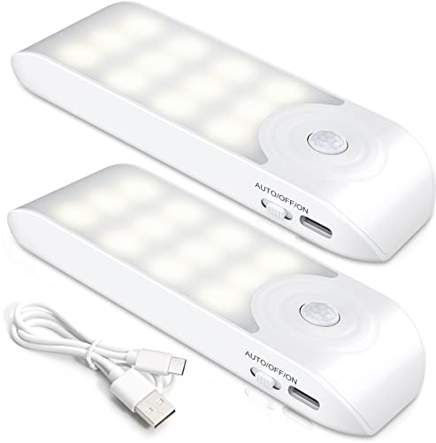 Motion Sensor Lights Indoor, 2 Packs USB Rechargeable LED Night Light, Cupboard Lights with 3 Modes, Stick-On Night Lights with Removable Magnetic Strips for Wardrob, Bedroom, Bathroom, Stair, Hallway