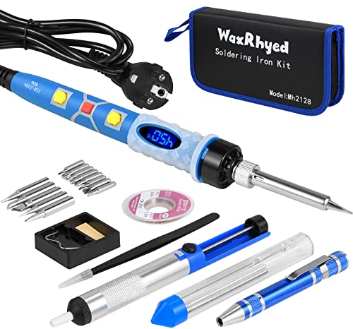Lötkolben Set Elektronik, 80W LCD Lötkolben mit 5 Lötspitzen, Entlötpumpe, Tin Wire Tube, Lötkolbenständer, Lötzinn, Pinzette für Reparaturen