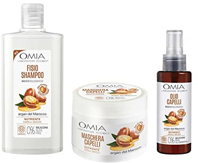 Omia, Kit Routine Haircare, Set Cura Capelli con Fisio Shampoo Eco Bio, Maschera Capelli e Olio Capelli con Olio di Argan del Marocco, Adatto a Lavaggi Frequenti, Azione Nutriente, Senza SLES e PEG