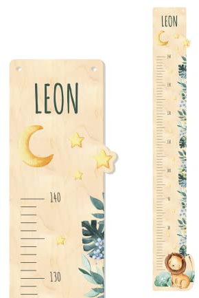 Kinder Messlatte 'Löwe' aus Holz mit eigenem Namen personalisiert, Motiv Löwe im Dschungel, ca. 15 x 100 cm