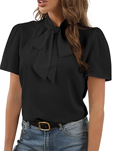 Rooscier Women's Bow Tie Knot Mock Neck Short Sleeve Elegant Workwear Business Dressy Casual Blouse Shirt Top Black Medium