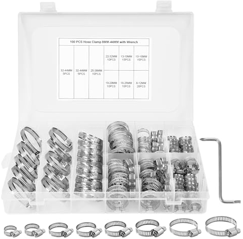 Gucass 100 Stück Schlauchschellen Set 8-44mm, Einstellbare Schlauchschellen Edelstahl Schlauchklemme, 8 Größen Rohrschellen Sortiment für Wasserleitung, Automotive, Haus Gas Rohr, Waschmaschine