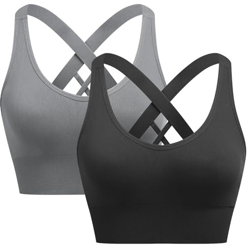 ANGOOL Seamless Removable Padded Sports Bra, Cross Back Yoga Fitness Workout Bra,Black+Gray,XL