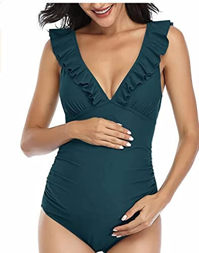 Traje de baño para embarazo, para mujer, de una pieza, bikini maternidad, cuello en V, traje de baño con almohadilla de pecho extraíble fruncido, ropa de playa, piscina, fuente termal Swimwear, azul,