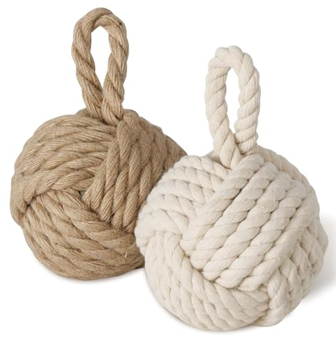 TOPANBIETER 999 2er Set Deko Türstopper Jute natur und cremweiß Türhalter Fensterpuffer Bodenstopper Tür Stopper Knoten Natur Strick Kugel mit Schlaufe ca. 1,5 kg