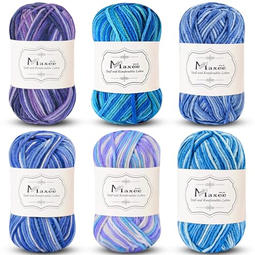Maxee Handstickgarn, 6 x 50 g, virkgarn, färgglatt akrylgarn med färggradient, mjuk ull för stickning och virkning, flerfärgat garn för pyssel