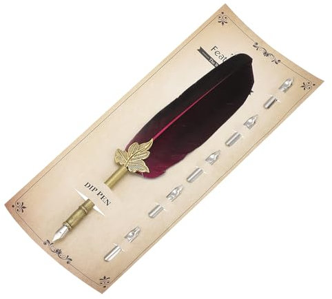 PATIKIL Federstift, 9.4/24cm Vintage Kalligraphie Stifte mit 5 Stück Schreibfeder, Gänsefedern Schönschreibfüller Feder zum Schreiben Büro Hochzeit Unterschriften, Rot