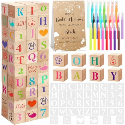 Wonderjune 147 Pcs Baby Shower Blocks Games Sets, 80 DIY Blank Wooden Block 42 Stencils 24 Watercolor Marker 1 Decorate a Block Game Sign for Gender Reveal Baby Shower Party Supplies(Kraft)