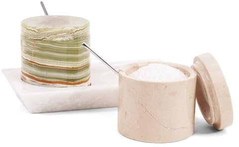 Radicaln marmor saltkällare med lock och bricka 7,6 cm Verona och grön handgjord uppsättning av 2 kryddburkar för köksförvaring, perfekt bord, sockerskål och saltfat för bänkskiva
