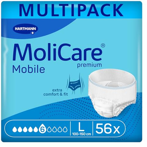 MoliCare premium Mobile 6 Tropfen Größe L, Inkontinenzhosen für Frauen und Männer mit mittlerer Inkontinenz, extra Auslaufschutz, fortschrittlicher Hautschutz, verbesserte Passform, 56 Stück